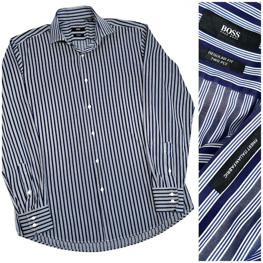 Hugo Boss Mens Shirt Striped Dress Shirt Size 41 16Blue White